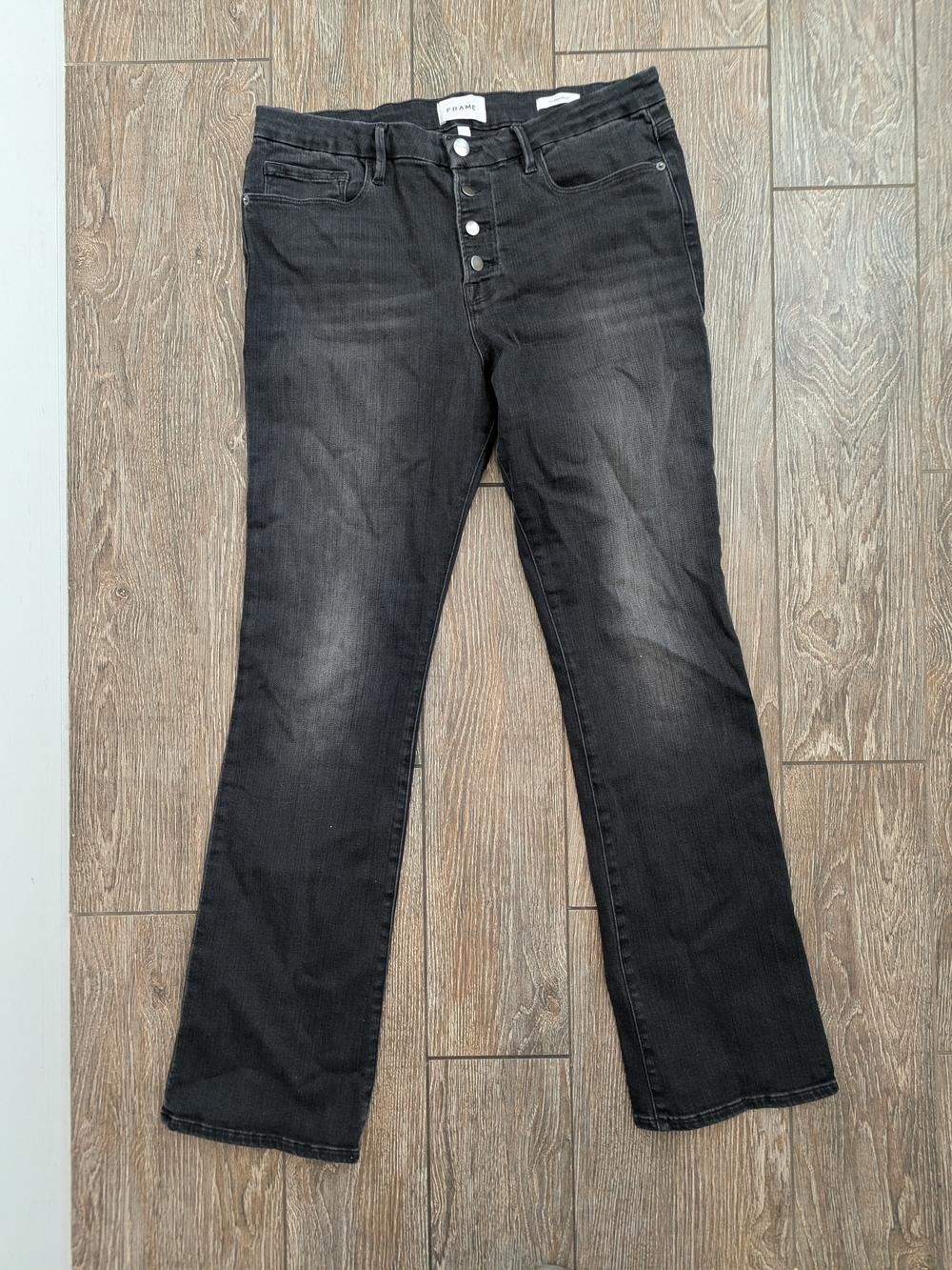 Frame Le Mini Boot Jeans Size 33 Black Grey Wash Button Fly Stretch Denim